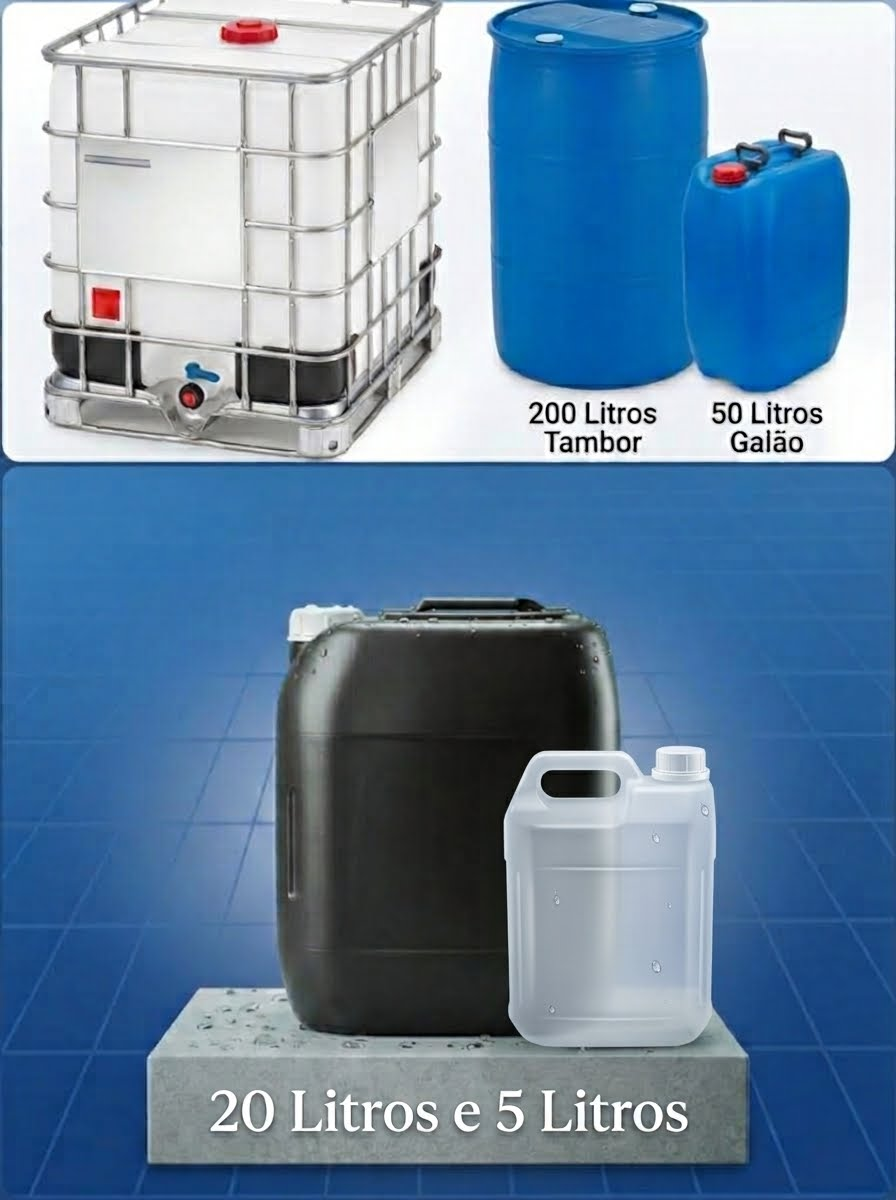 Embalagens de água industrial: galões de 5, 20 e 50 litros, tambor de 200 litros e IBC de 1.000 litros